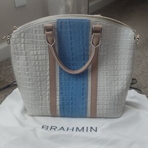 Brahmin White and Blue Satchel with Structured Design